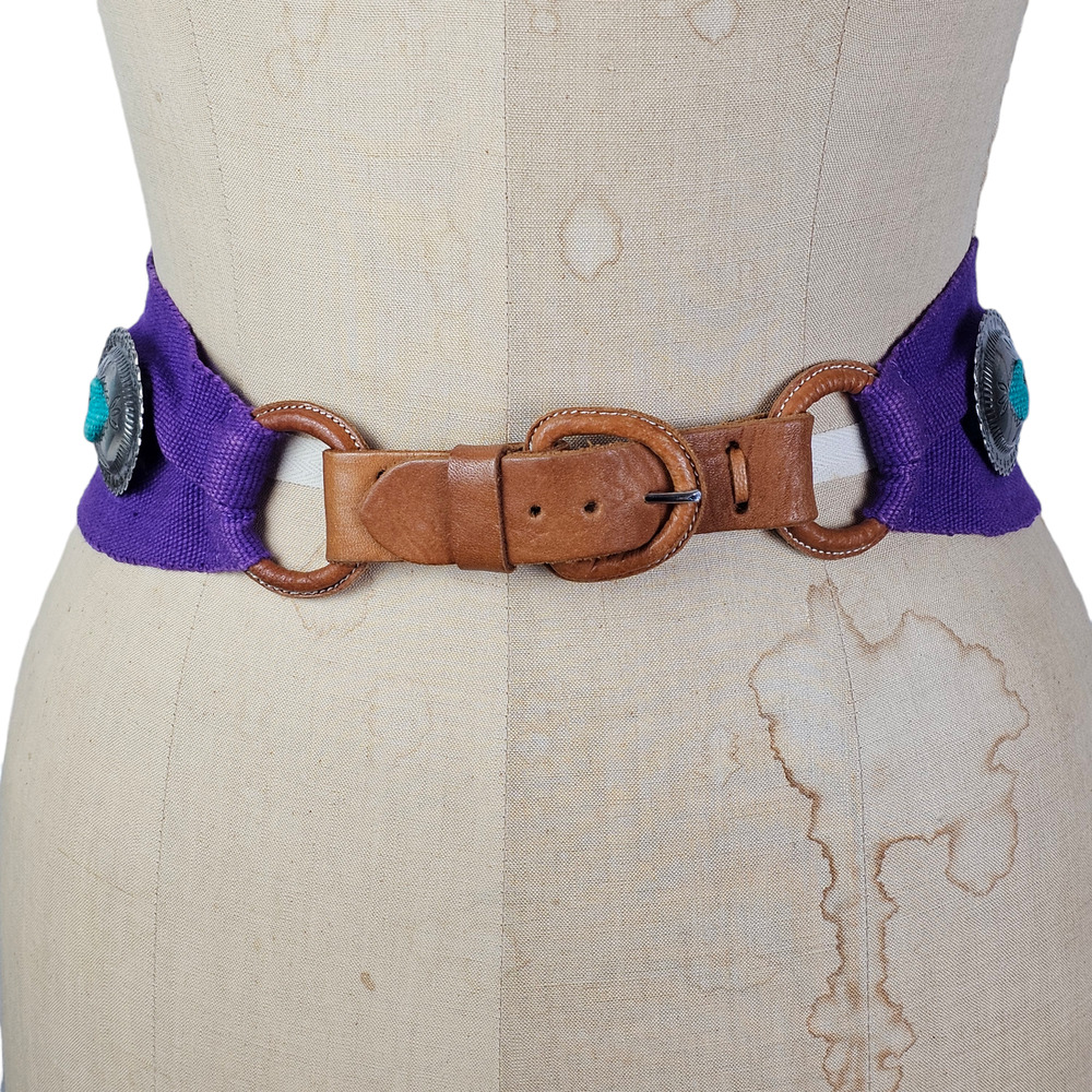 Vintage Belt purple handwoven fabric brown leather buckle clasp conchos Medium
